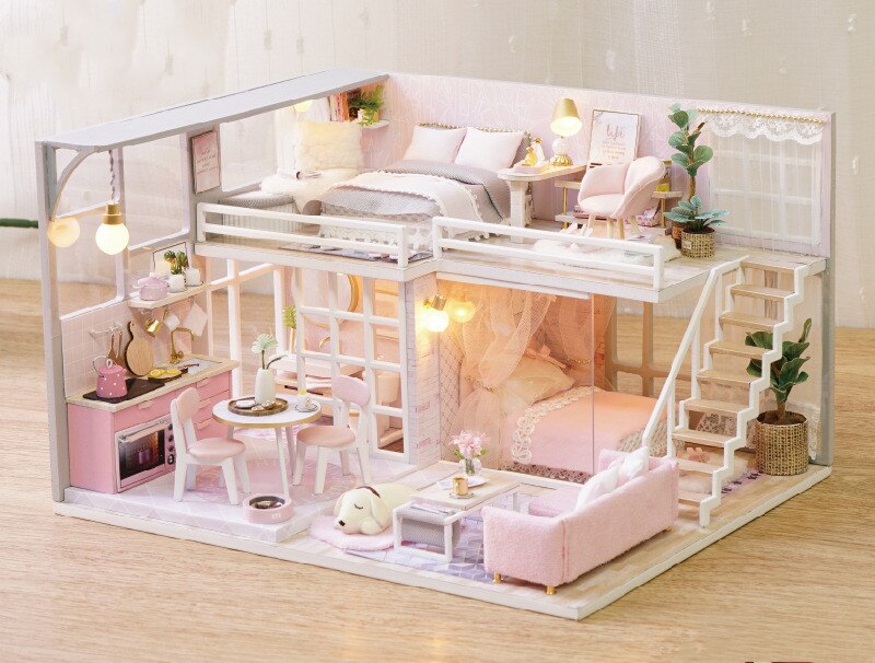 Leuke Kamer Poppenhuis Houten Huisje Handgemaakte Diy Poppenhuis Miniaturen Meubels Speelgoed Voor Kinderen Casa De Boneca: 02