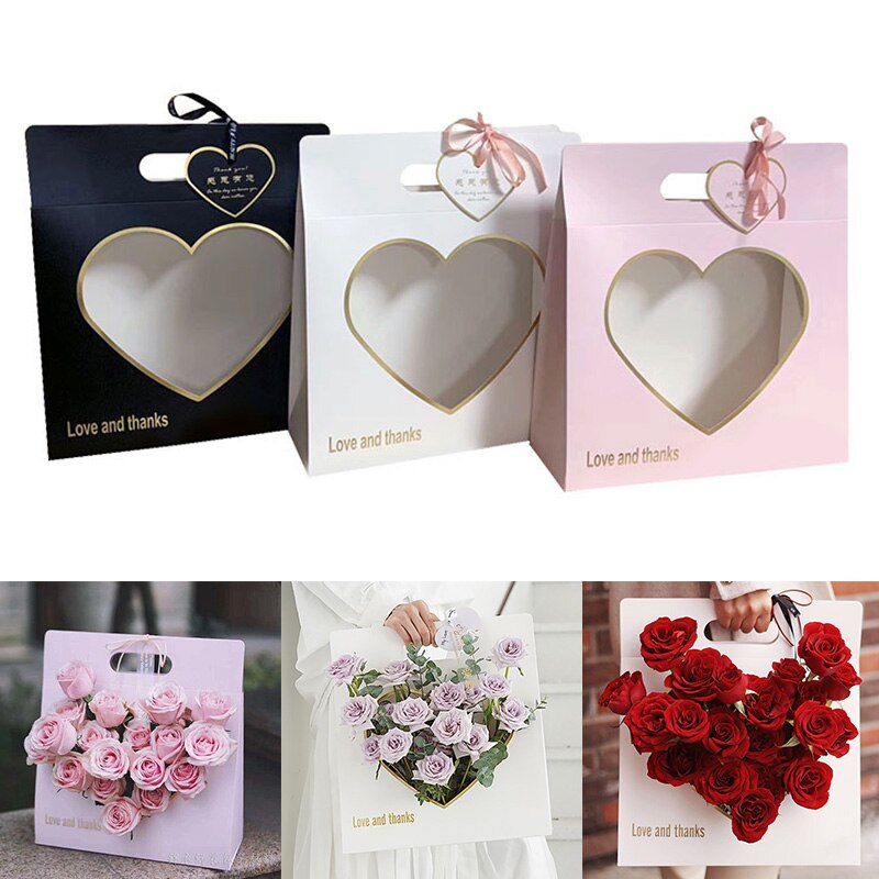 Mother 'S Day Boeket Geschenkdozen Draagbare Bloem Doos Met Hartvormige Venster Vierkante Holle Bloemstuk Verpakking