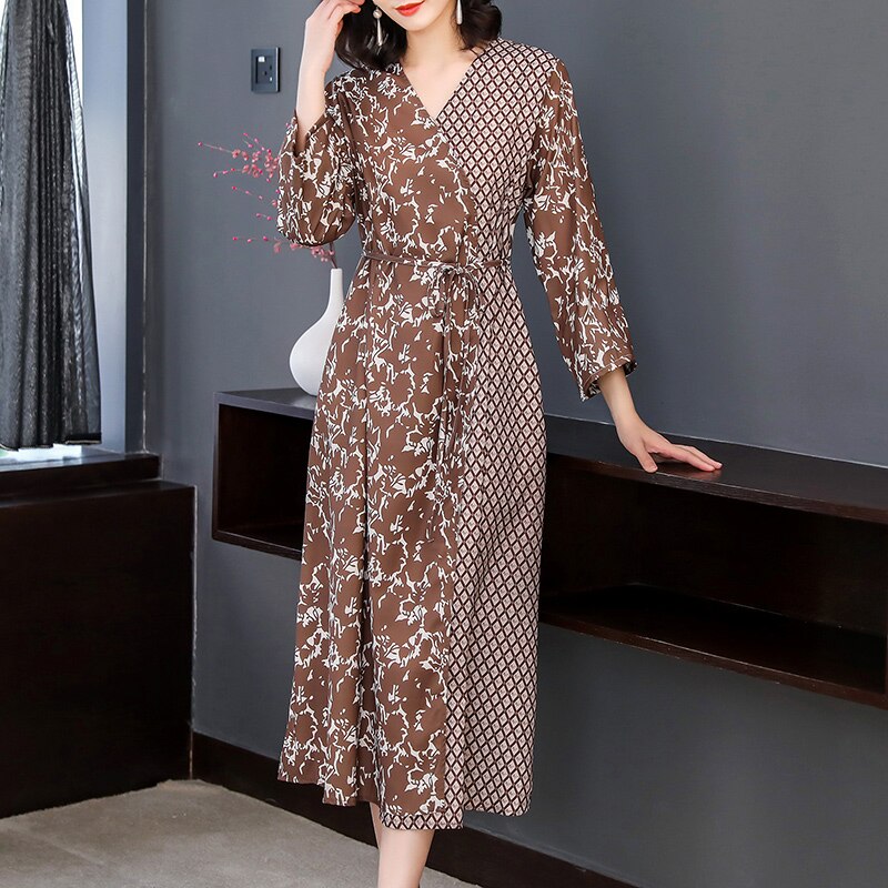 Vestido Midi de seda de morera para mujer, prenda de manga larga con estampado de primavera y verano, estilo coreano e informal para y oficina, 2022