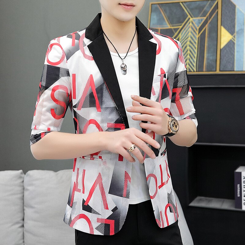 Bokstaver utskrift menn dressjakke sommer pustende virksomhet uformelt blazer slank frakk sosial brudekjole blazer masculino