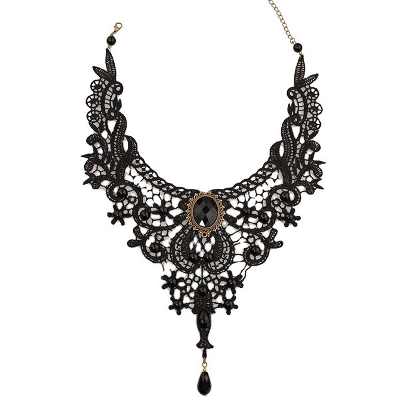 Gothic Victorian Black Lace Necklace Women Girl Boho Crystal Tassel Sexy Choker Steampunk Dark Loli Style Halloween Jewelry: Antique Copper Plated
