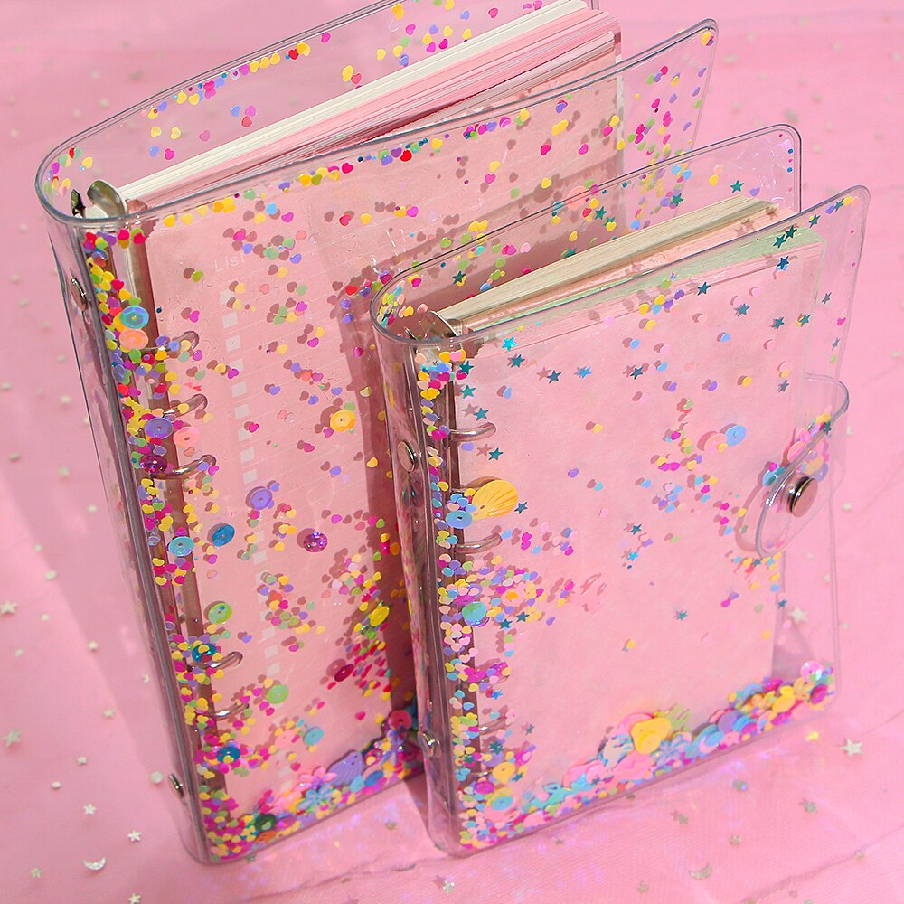 Cute Glitter Sequins Notebook Cover A5/A6 Transparent 6 Rings File Folder Loose Leaf Ring Binder Kawaii School Office Supplies