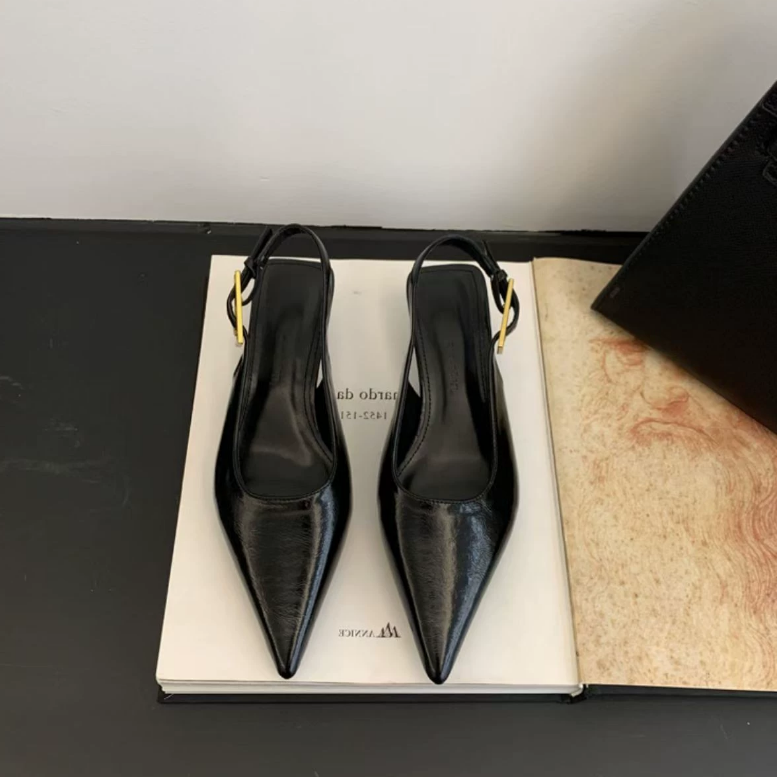 NOVEDAD DE VERANO 2025, sandalias para mujer a la con punta estrecha, zapatos elegantes sin cordones para mujer, zapatos de tacón medio fino, zapatos de tacón: Negro / 35