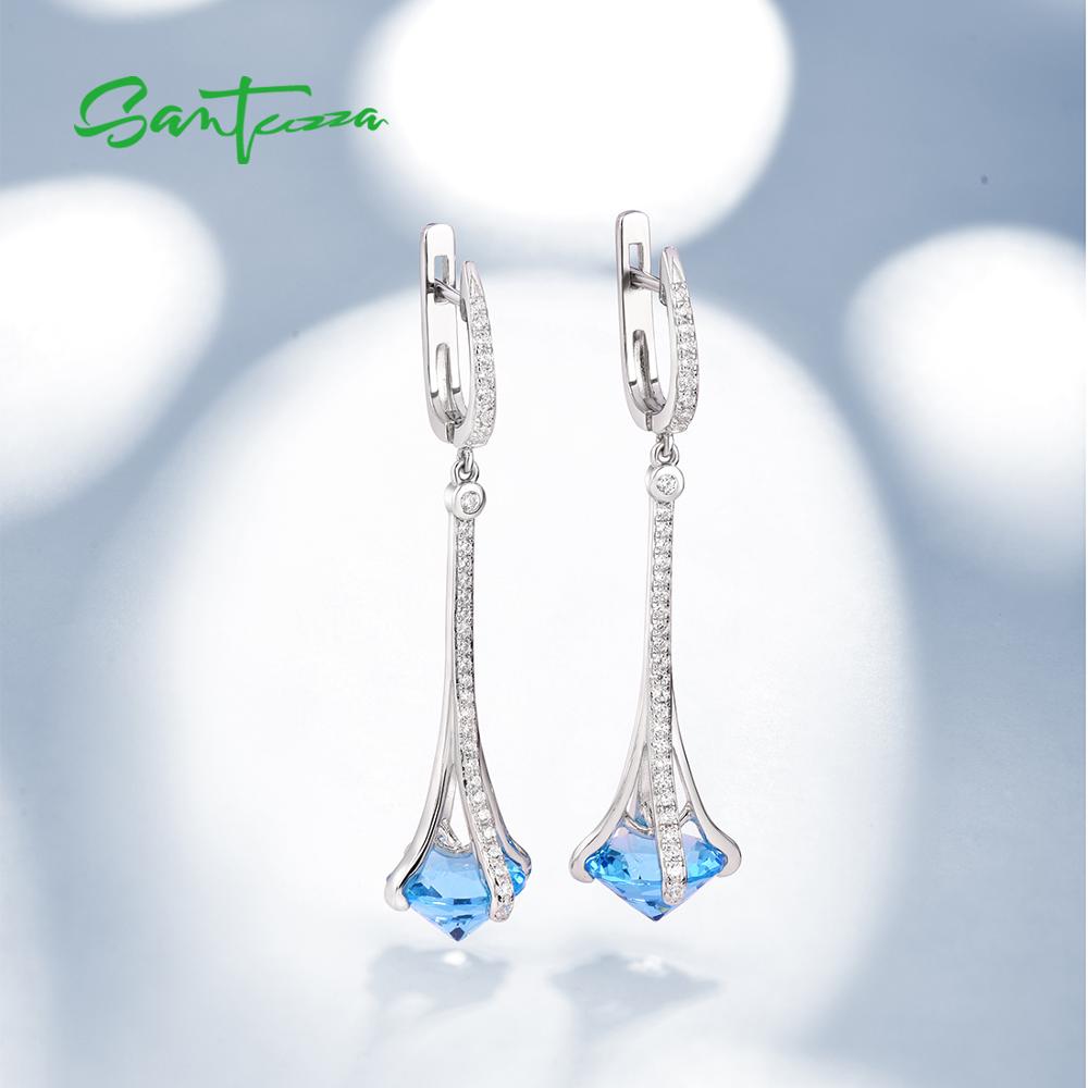 SANTUZZA 925 boucles d'oreilles goutte en argent Sterling rond bleu pierre blanc zircon cubique boucles d'oreilles élégantes pour les femmes de mariage de beaux bijoux