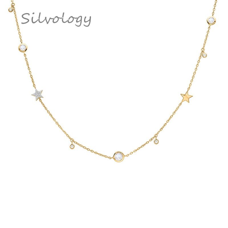 Silvology 925 sterlina d'argento Rotonda perlina Zircone stella Collana in Oro mini Romantico Struttura Elegante Femminile Del girocollo Della Collana Dei Monili: Default Title