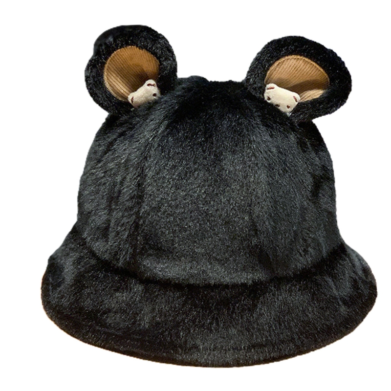 Lovely Fisherman Hat Cute Bear Ear Basin Cap Leisure Soft Sister Solid Color Bucket Cap Outdoor Activities Skiing Hiking: Black