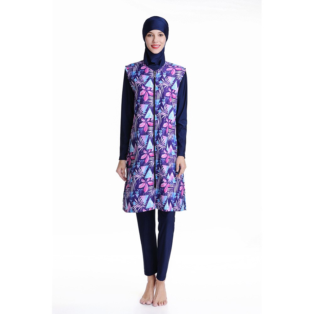 Muslim Swimwear Islamic Women Modest Hijab Burkinis Wear Swimming Bathing Suit Beach Full Coverage Swimsuit: Navy Blue2 / L