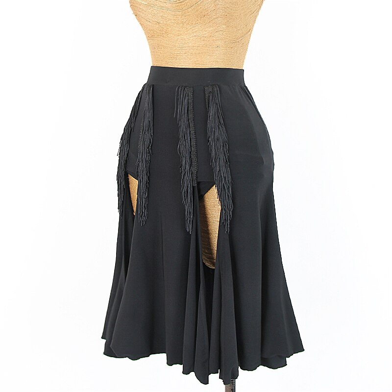 Latin Dance Skirt Women Cha Cha Rumba Samba Dancing Wear Black Tassel Fringe Split Dancing Skirts Practice Clothes DNV12683