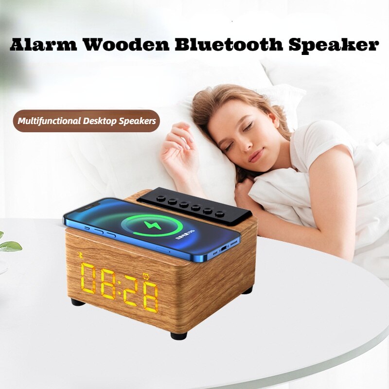 Wekker Houten Draadloze Bluetooth 5.0 Speaker Snelle Draadloze Oplader Surround 3D Stereo Boombox Met Subwoofer Sound Box