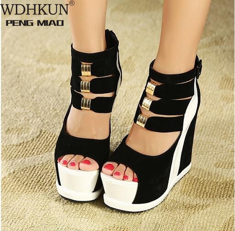 Kvinna skor sommar äkta kvinnor plattform tjocka sulor sandaler kilar högklackat 14cm peep toe blandade färger sexiga skor