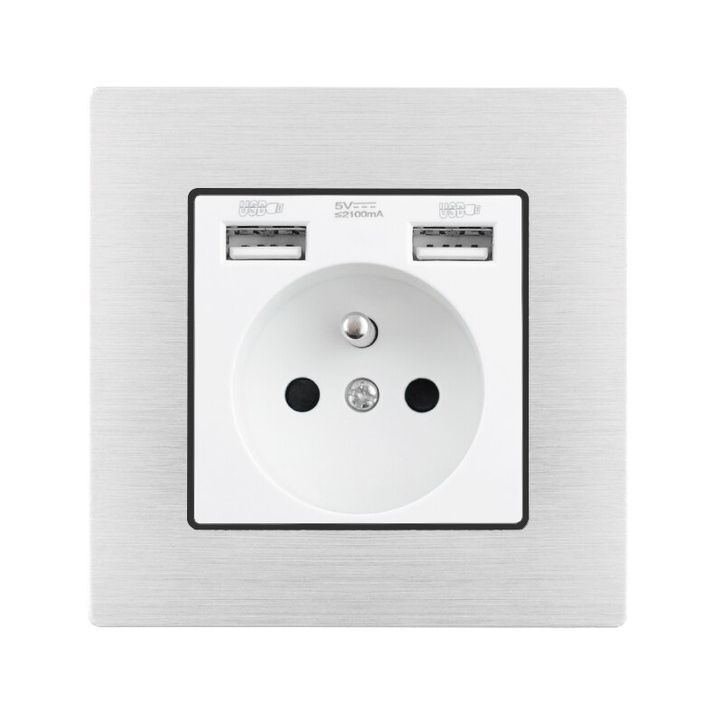 Eu/Franse Stopcontact Met Dual Usb-Poorten Opladen Usb Stekker Opladen Wit Geborsteld Aluminium Paneel: FR Socket