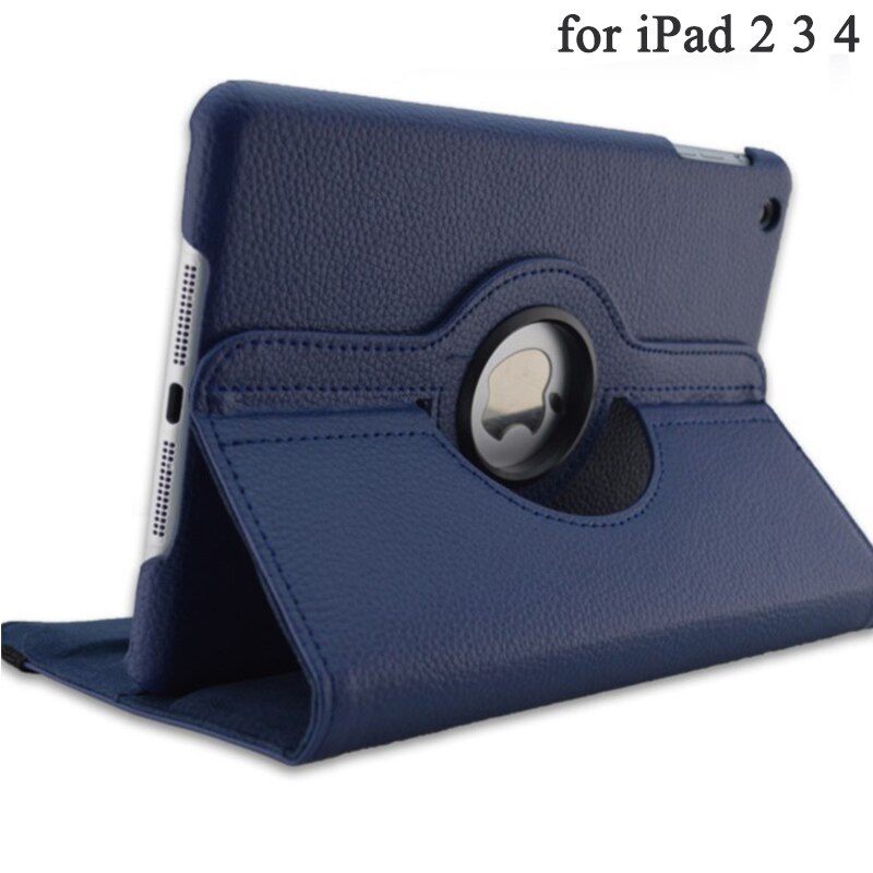 360 Degrees Rotating Cover for Apple iPad 2 3 4 PU Leather Case For iPad 2 3 4 Smart Tablet Stand Holder Cases A1397 A1416 A1430: dark blue