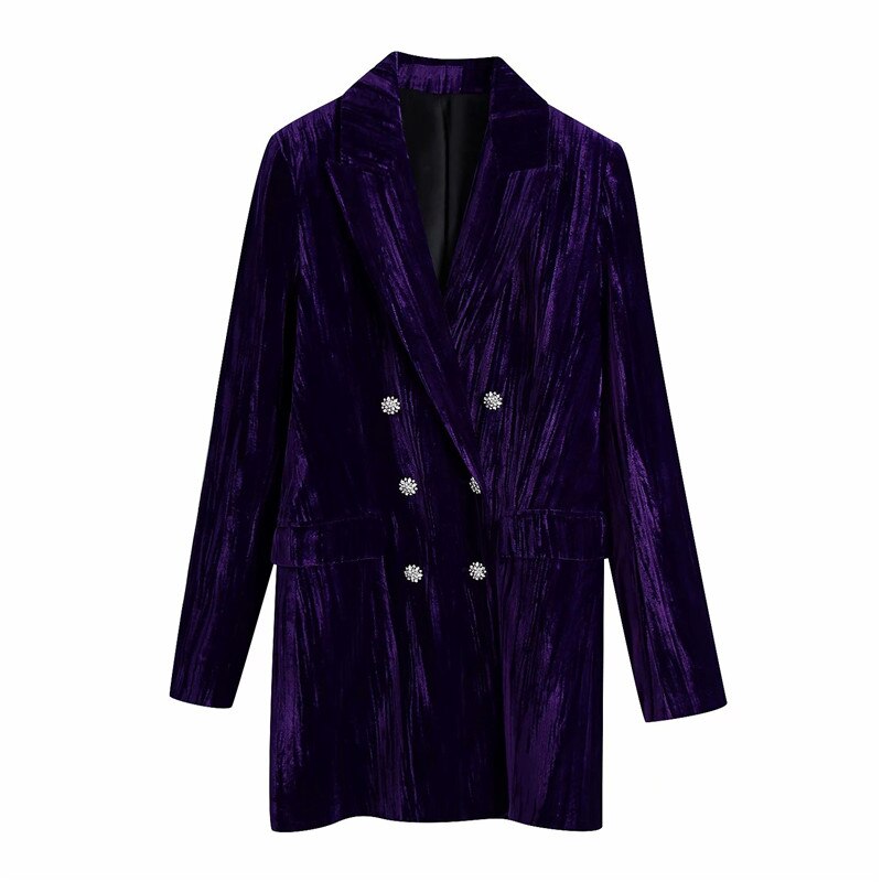 Evfer höst snygga damer za lila sammet långa kavajer kvinnor dubbelknäppta smycken knapp tjocka outwear rockar chic: S