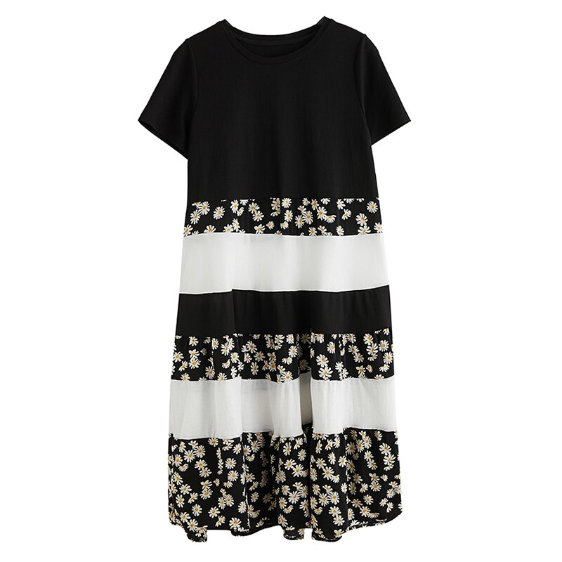 Dimanaf sommar plus size klänning damkläder solklänning löst tryck blommig veckad skarvad dam vestidos svart klänning