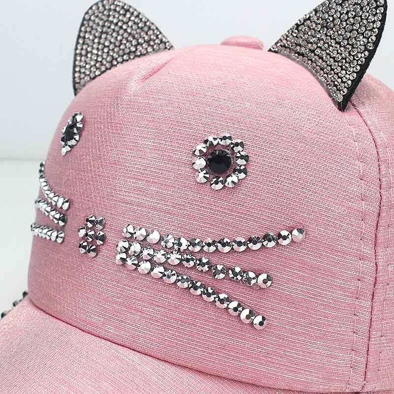 Gorra de béisbol con orejas de gato y diamantes para niña, gorro de béisbol con orejas bonitas, ajustable, Hip Hop, Snapback, para verano