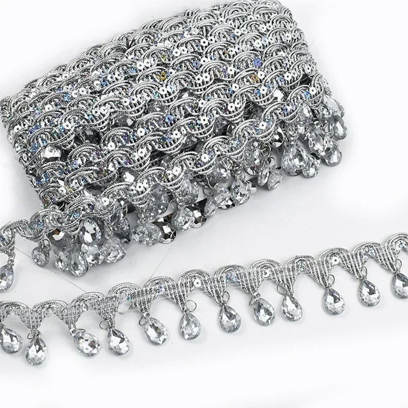 Ruban de dentelle perlé avec pompon biscuits, garniture à franges pour rideau, décoration de robe de mariée, accessoires de couture bricolage, 3 m, 9m, 45mm: Multi-couleur / XS