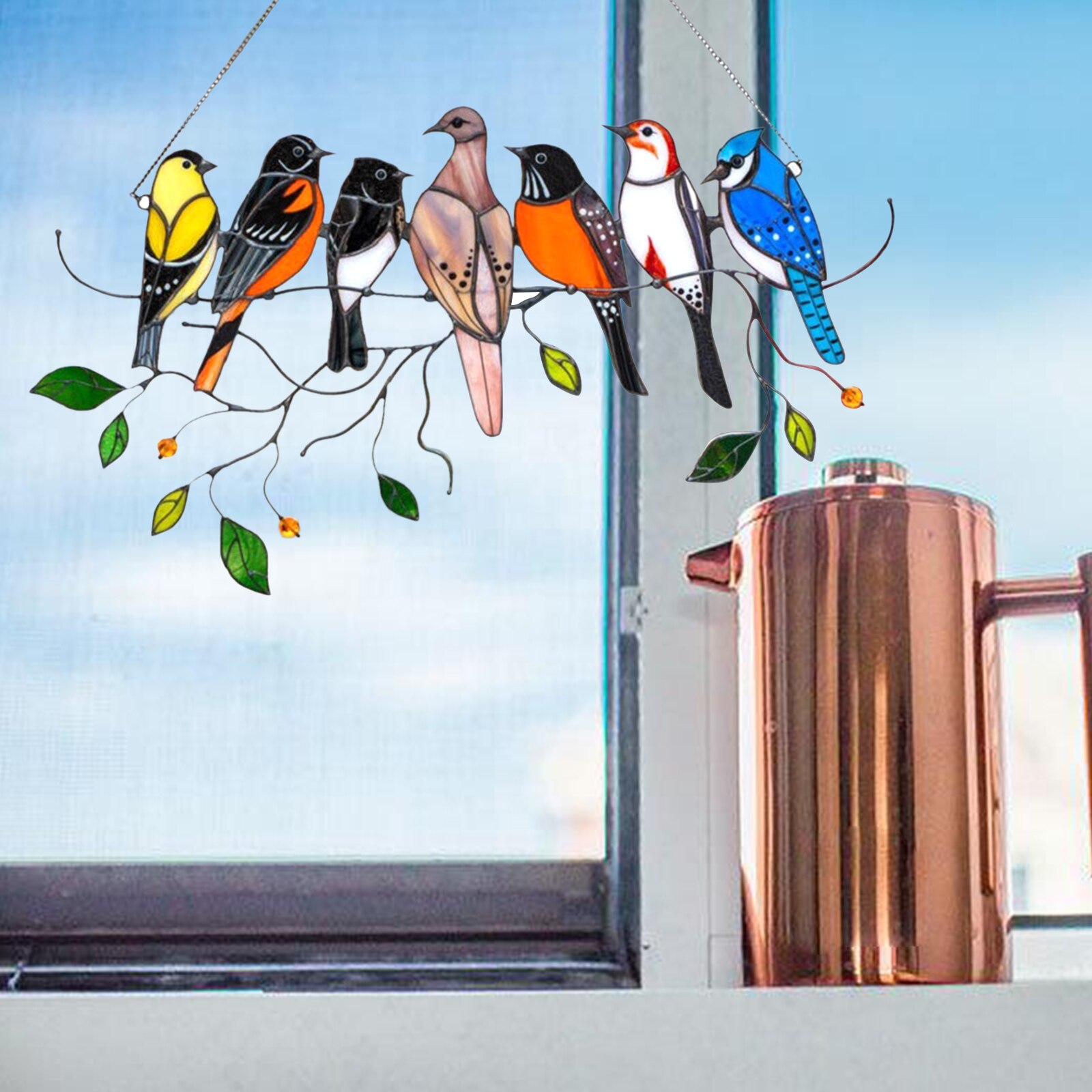 Window Panel Stained Glass Birds-on-a-wire Stained Glass Suncatcher Window Hanging Panel Bird Series Ornaments