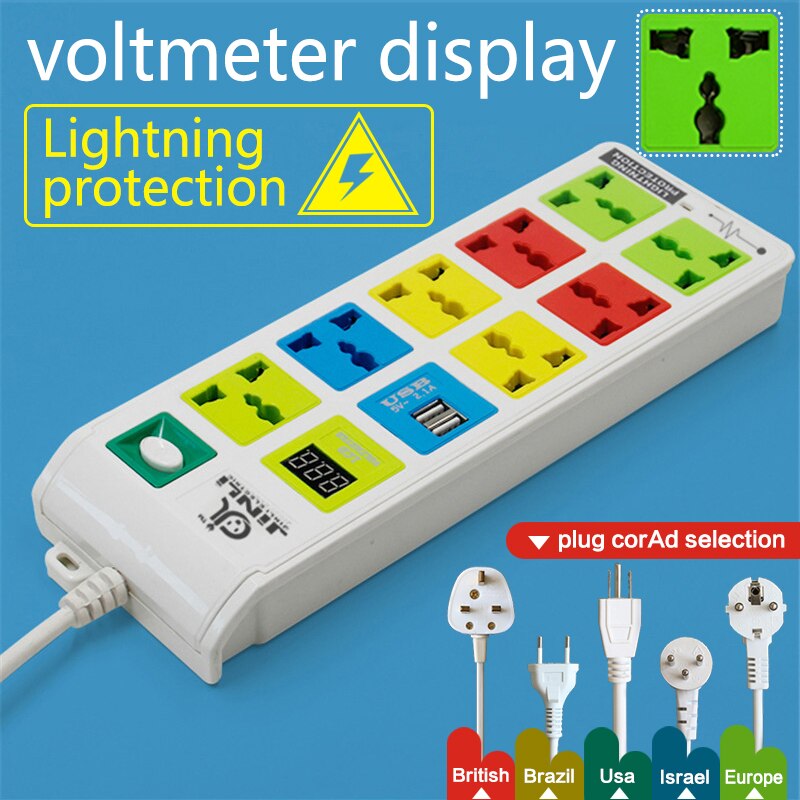LED Voltmeter 2 USB electrical power strip with EU UK US