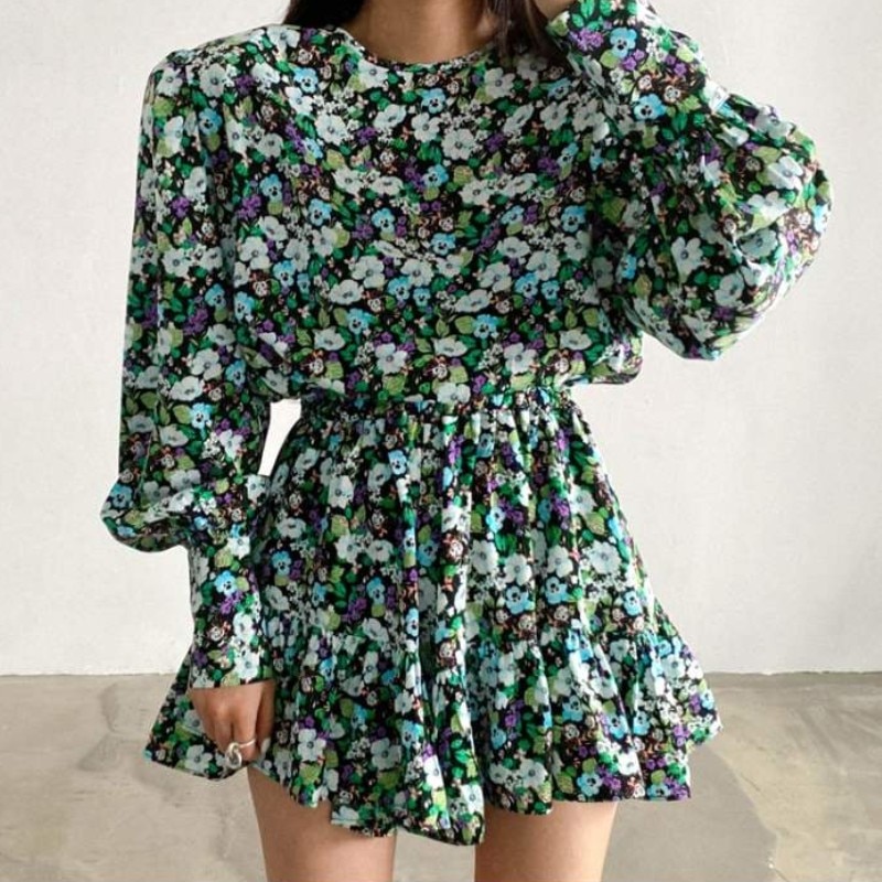 Groene chiffon bloemenprint dames rompertjes met ronde hals en lantaarnmouwen zomer casual strand korte jumpsuits