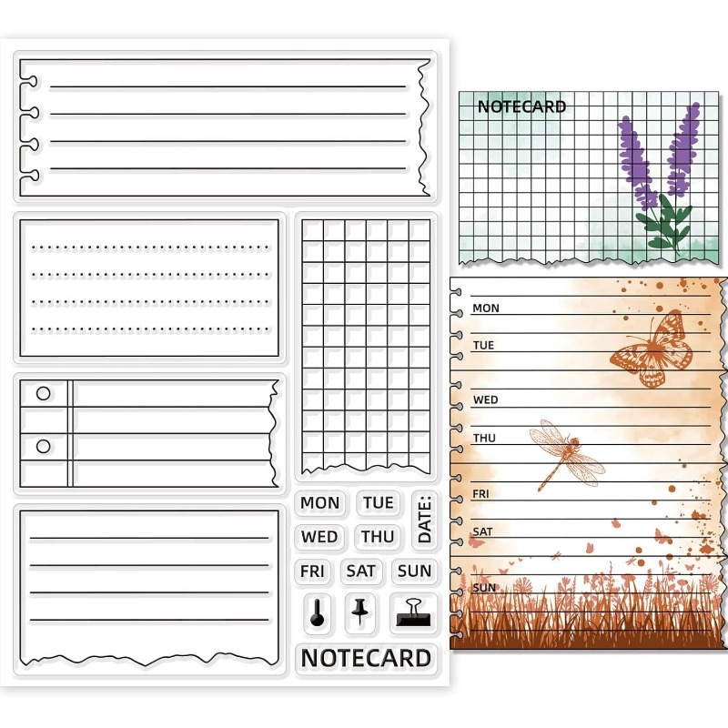 1 ark genomskinlig stämpel, anteckningsblocksstämpel, silikonstämpelset, 5 st silikonmallar för anteckningsblock och 12 st markörer för anteckningsblocks-gör-det-själv