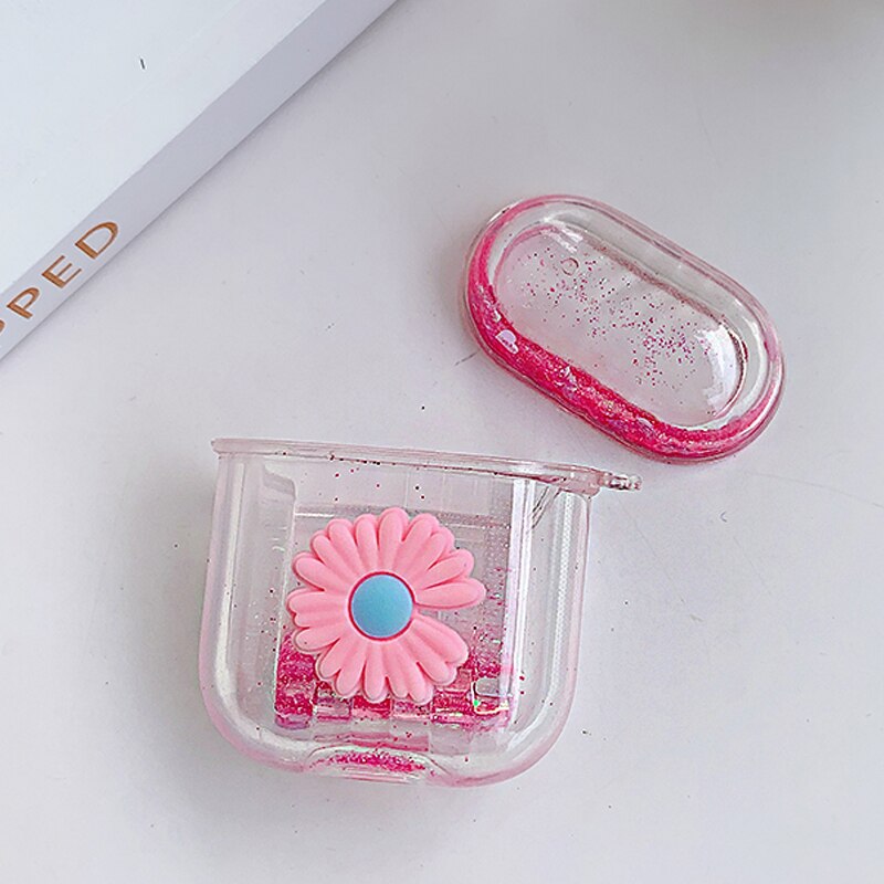 For AirPods Pro Colorful Glitter Dynamic Liquid Quicksand Crystal Clear Case for AirPods 1 2 Transparent Earphone Cover: flowers pink