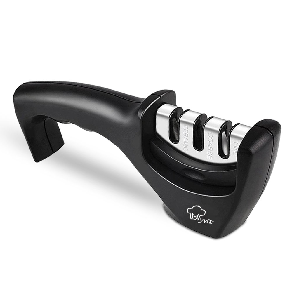 Aiguiseur de Couteau Anti-Dérapant 3 en 1 Affûteurs manuels Convient à Toutes les Tailles de Couteaux de Cuisine 3 Processus d'Aiguisage Anti dérapant Finition Mat Noire Ergonomique: Rouge