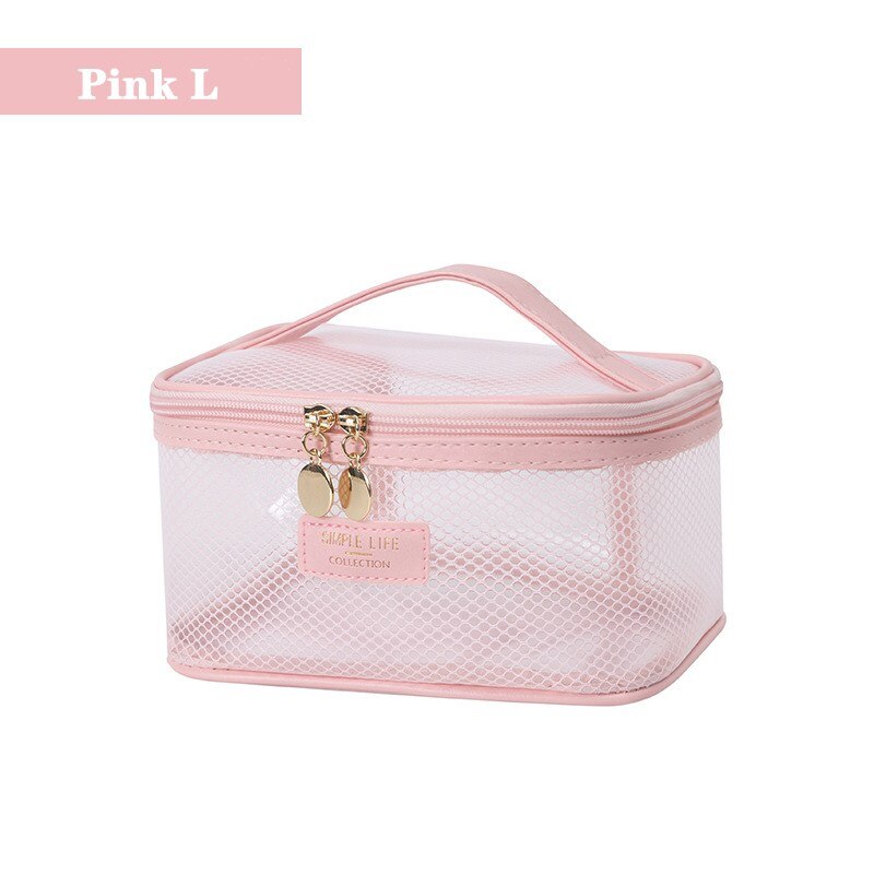 PURDORED 1 Pc Clear Mesh Women Makeup Bag impermeabile EVA Cosmetic Bag Travel Zipper borsa grande per trucco custodia per bellezza femminile: L pink