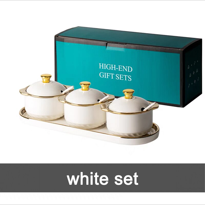 Cuenco de cerámica con tapas y cuchara para azúcar, juego de frascos de especias para condimentos de lujo, contenedor de almacenamiento de azúcar para Cocina: white set
