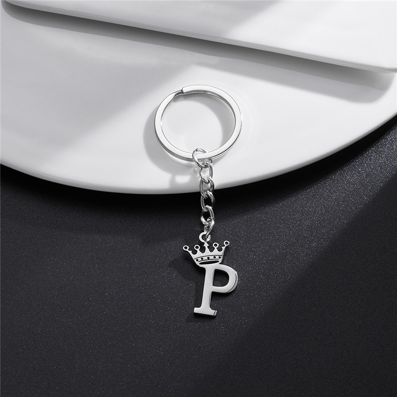 Llaveros con colgante de letras de A-Z de acero inoxidable con corona DIY única para hombres y mujeres, llavero de 26 alfabeto para coche, llaveros de joyería con nombre,: Plata oscura