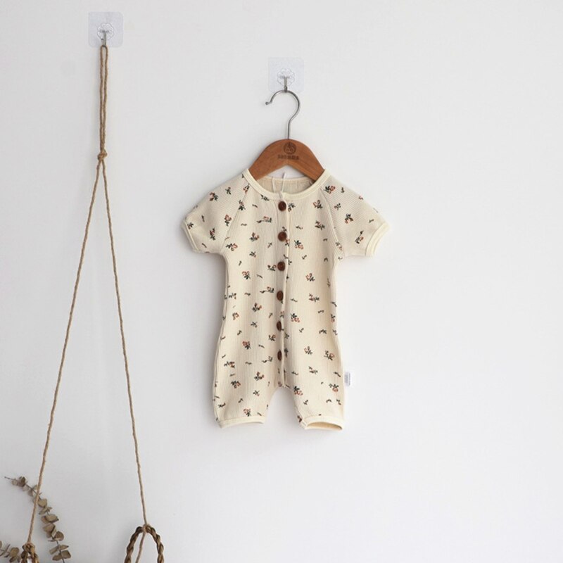 Baby Meisje Jongen Kleding Een Stuk Broek Bloemen Romper Single-Breasted Korte Mouw Jumpsuit Kids Baby Outfits Kleding Ropa bebe: Beige / 66-0-6M