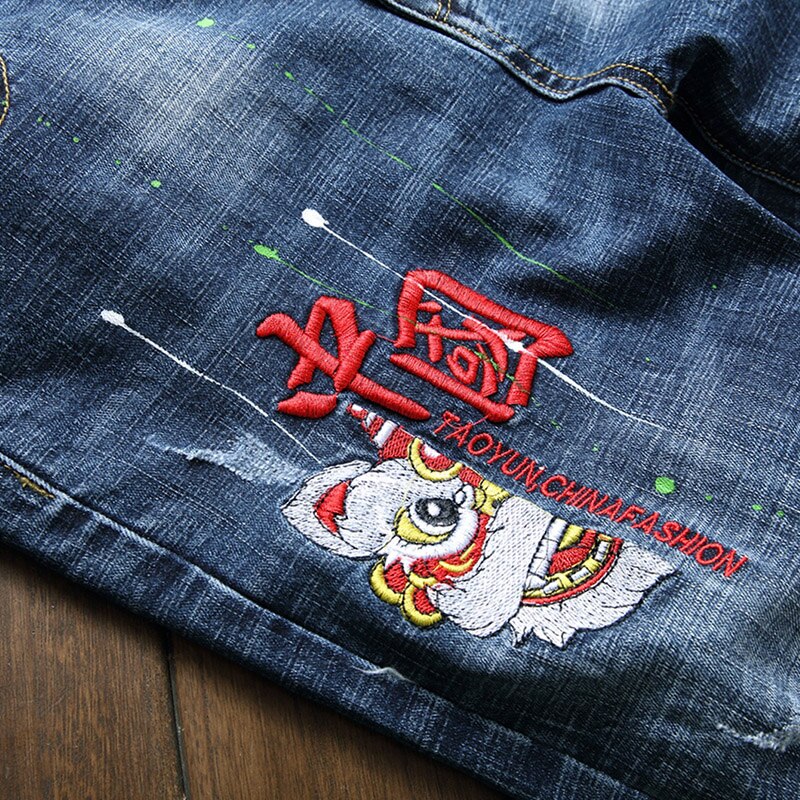 Pantalones vaqueros bordados para hombre, Jeans informales elásticos de pierna recta, ajustados, de , a la , primavera,