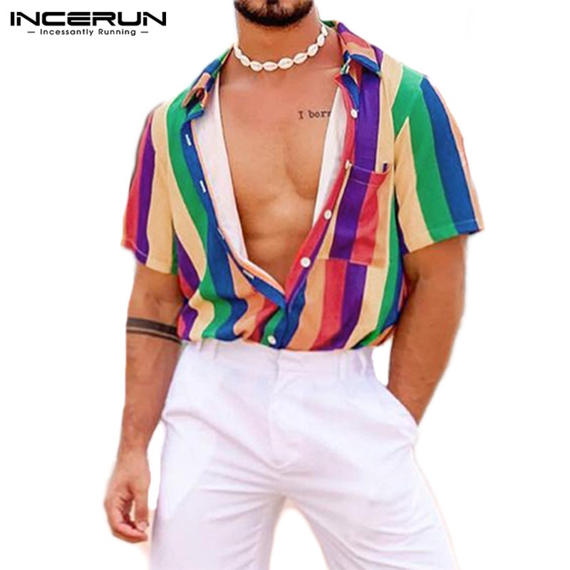 Fargerik stripet herre skjorte korte ermer med jakkeslag streetwear bluse casual løse hawaiian strandskjorter sommer incerun