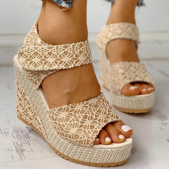 Sandales à talons compensés pour femmes, chaussures d'été à plateforme, en dentelle, à la , à bout ouvert, pour mariage, décontracté, grande taille