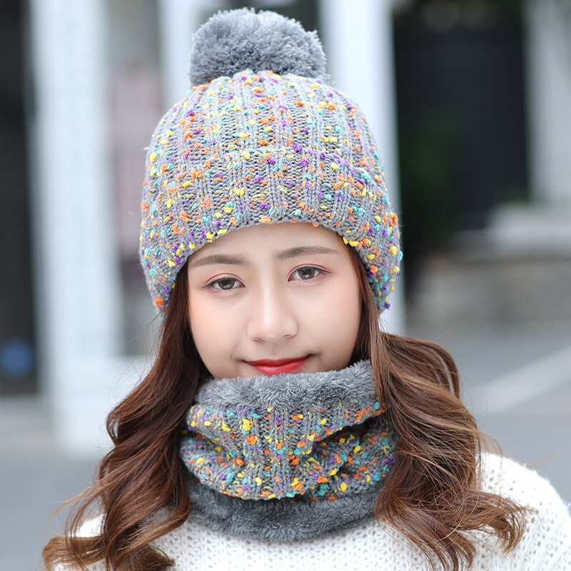 Moda inverno feminino cachecol conjunto de chapéu e cachecol para mulher menina quente beanies chapéu para meninas anel cachecol pompons chapéus de inverno: gray