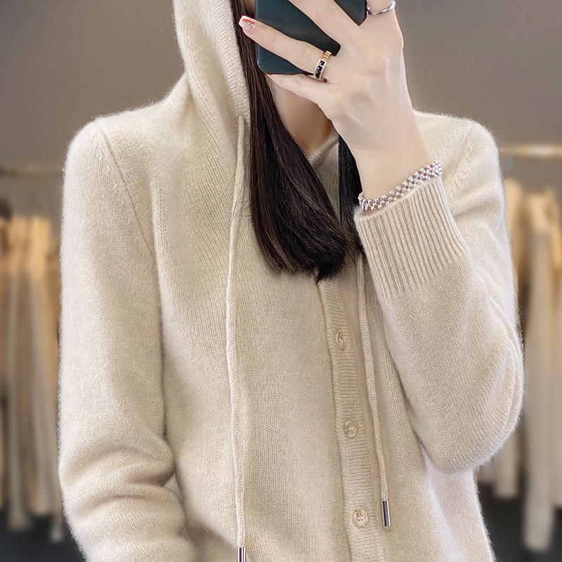 2025 novos cardigans de lã penteado camisola com capuz feminino manga longa malha outerwear senhora roupas de malha topos moda tendência casual: XXL / Bege