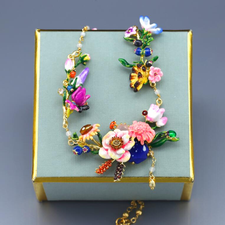 CSxjd Luxury Jewelry Garden Stone Flower Three Layer Enamel Necklace Tassel big necklace