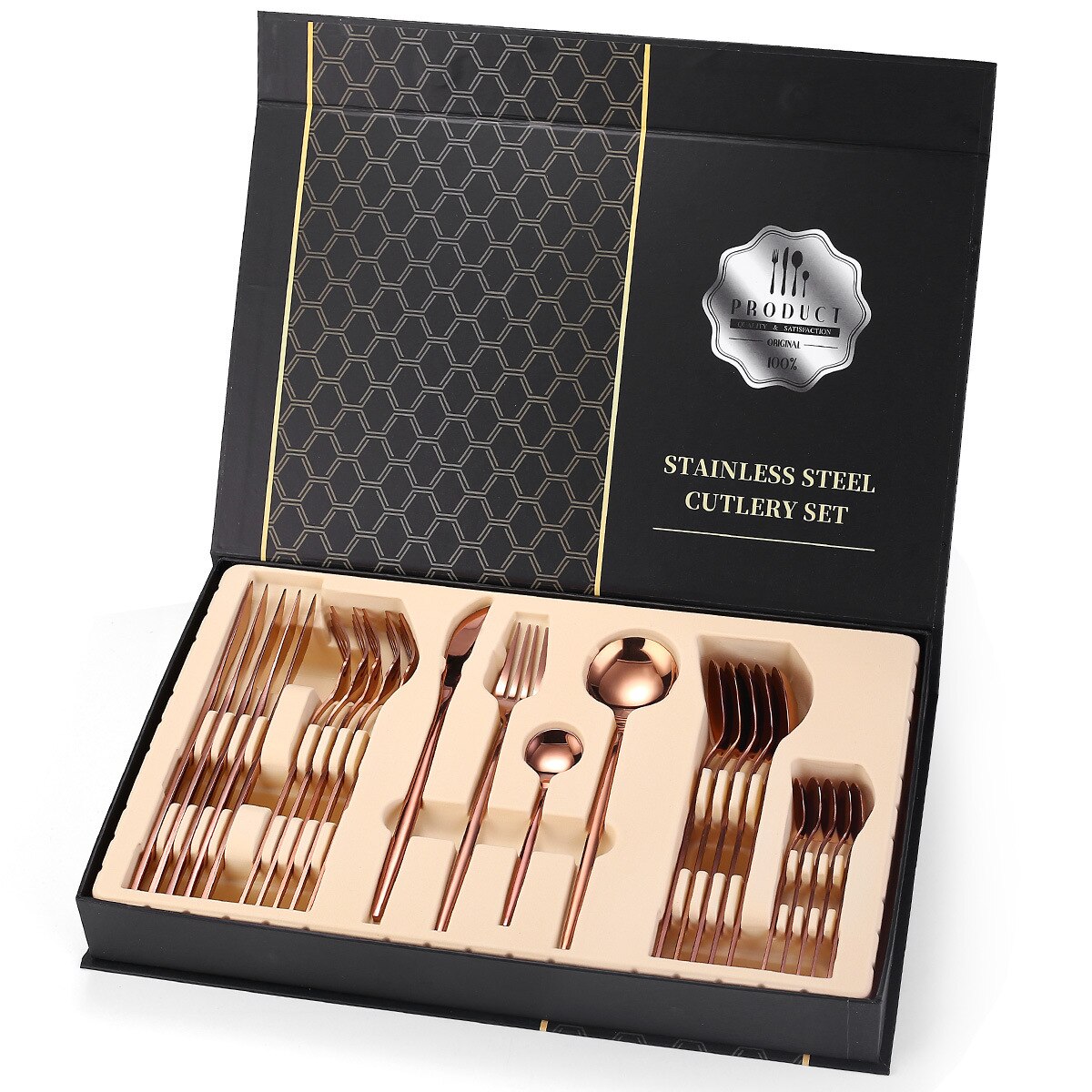 24pcs Gold Dinnerware Set Stainless Steel Mirror Cutlery Set Knife Fork Coffee Spoon Home Tableware Set Upscale Box: Rose gold