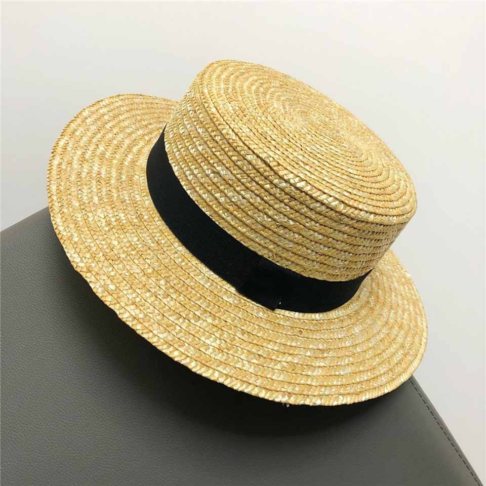 Sommer håndlavet naturlig hvede-halm solhat kvinder stråhat bred skygge flade top hatte mænd strand solide hætter solbeskyttelse chapeau: F0090-1 / L