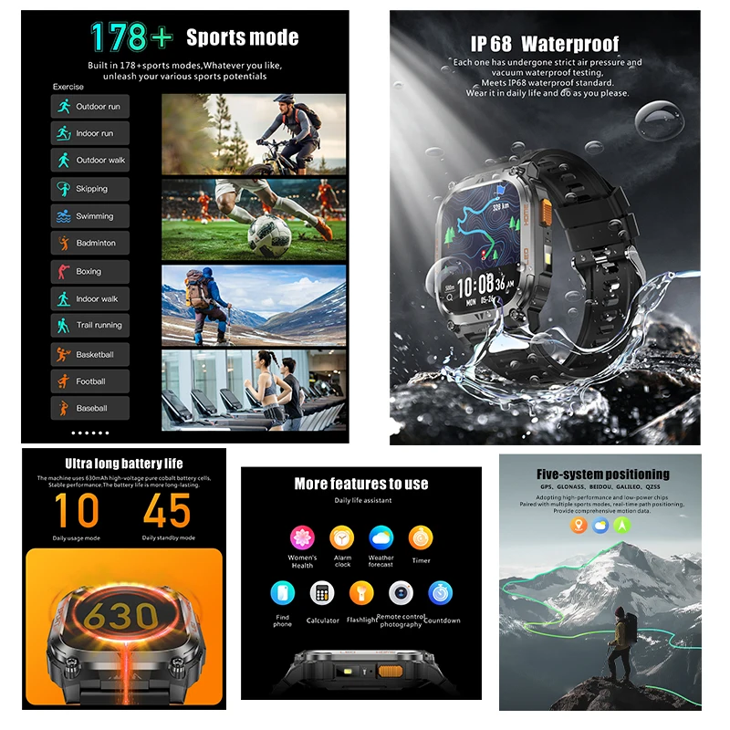 Smartwatch z wbudowanym GPS, wodoodporny IP68, bateria 630 mAh, kompas, barometryczny wysokościomierz, odtwarzanie muzyki Bluetooth, sterowanie głosowe AI, połączenia BT.