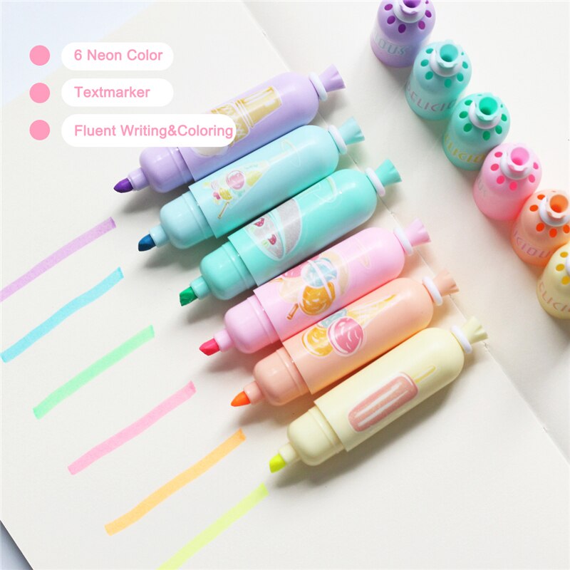 Stylo surligneur en forme de saucisse mignon 6 pièces, couleurs fluo assorties, marqueur de texte à base d&#39;eau, coloration, bricolage enfants étudiants