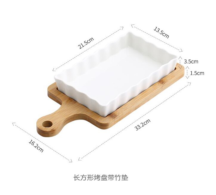 white ceramic baking tray household rectangular tray fruit tray kitchen cheese baked rice bowl natural bamboo wood tray: B