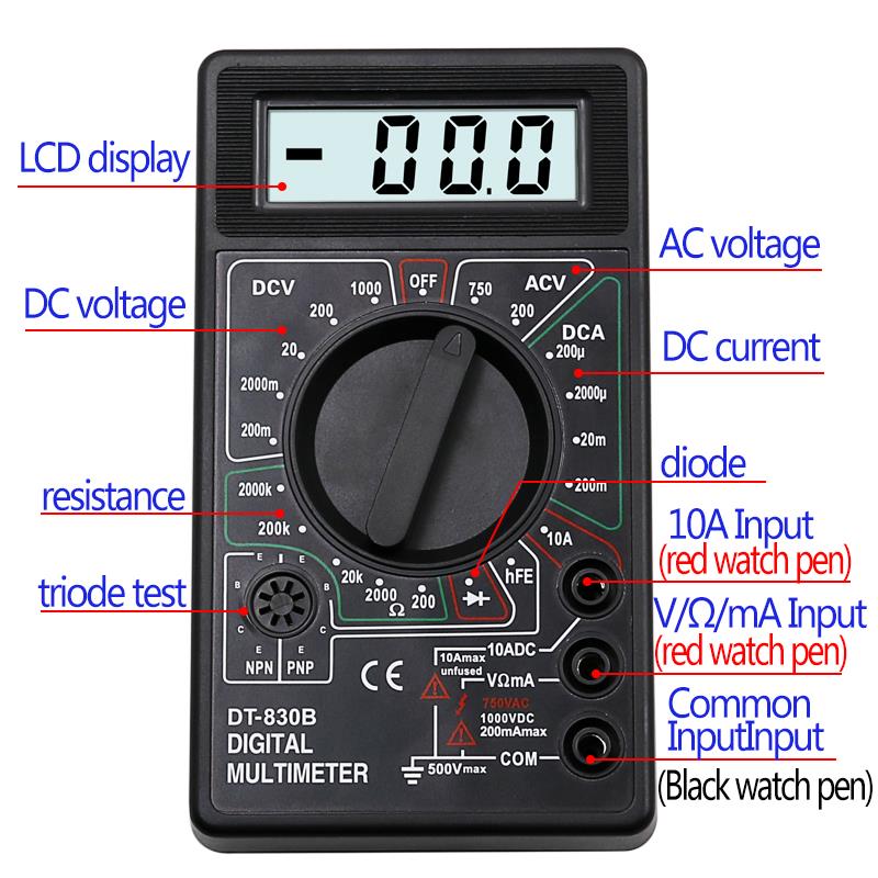Multímetro Digital LCD de DT-830B, amperímetro, medidor de ohmios, voltímetro, AC DC 750, 1000V
