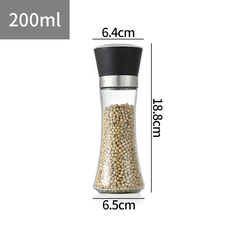 Stainless Steel Mill Pepper/Salt/Spice Grinder Kitchen Supplies Spices Glass Storage Container pepper mill Kitchen Gadgets Tools: Black-200ML