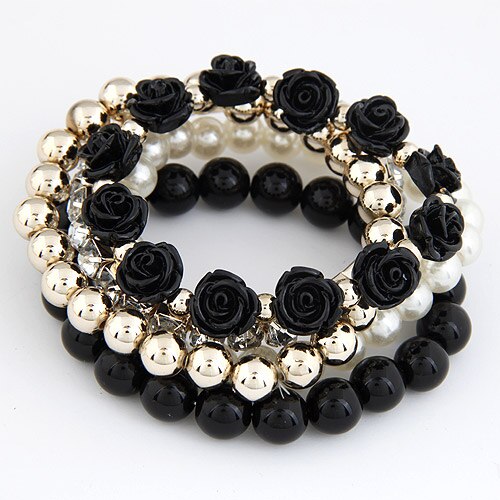 Lemoer bohemio a la de Color caramelo Perla Rosa flor multicapa abalorios pulsera elástica y brazalete para mujer: black