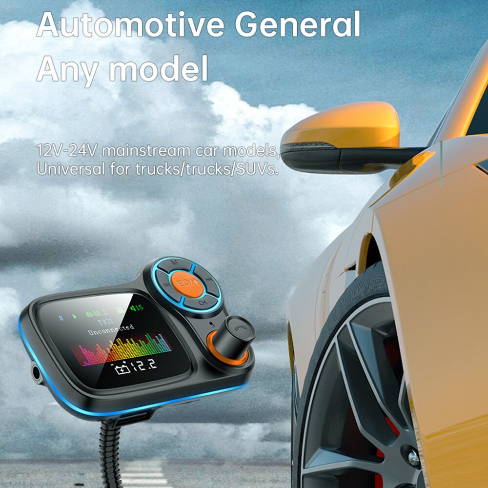 Wireless FM Transmitter Car Kit Hands Free Color Screen MP3 Player Fast Charge Quick Charge Bluetooth 5.0 LED High Music