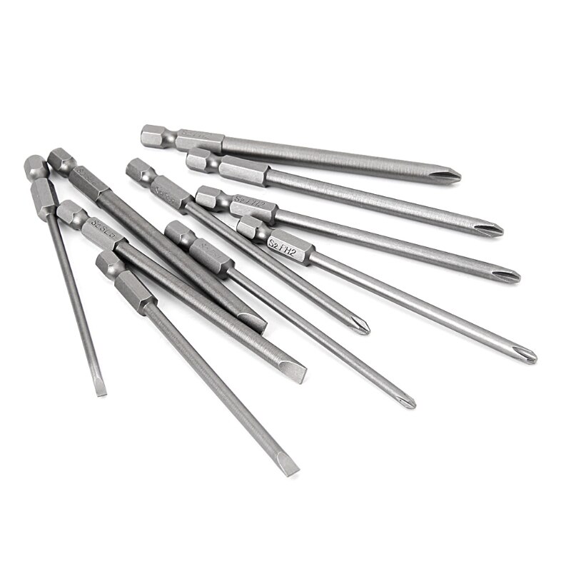 10 st/set 1/4 tums sexkantsskaft magnetiskt spår  ph2 skruvmejselbits  s2 stål 100mm längd skruvmejselbits borr skruvmejselbits