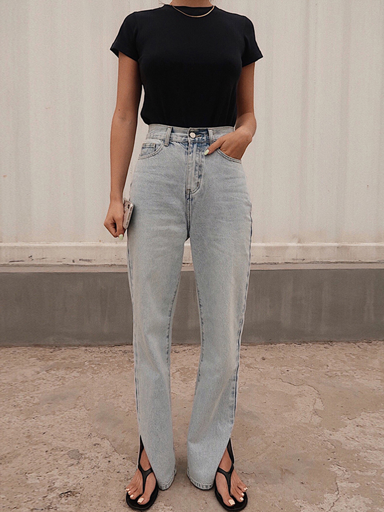 Okuohao hoge taille jeans rechte pijpen broek vrouwen wijde pijpen jeans losse mode boyfriend jeans items voor vrouwen: Ik