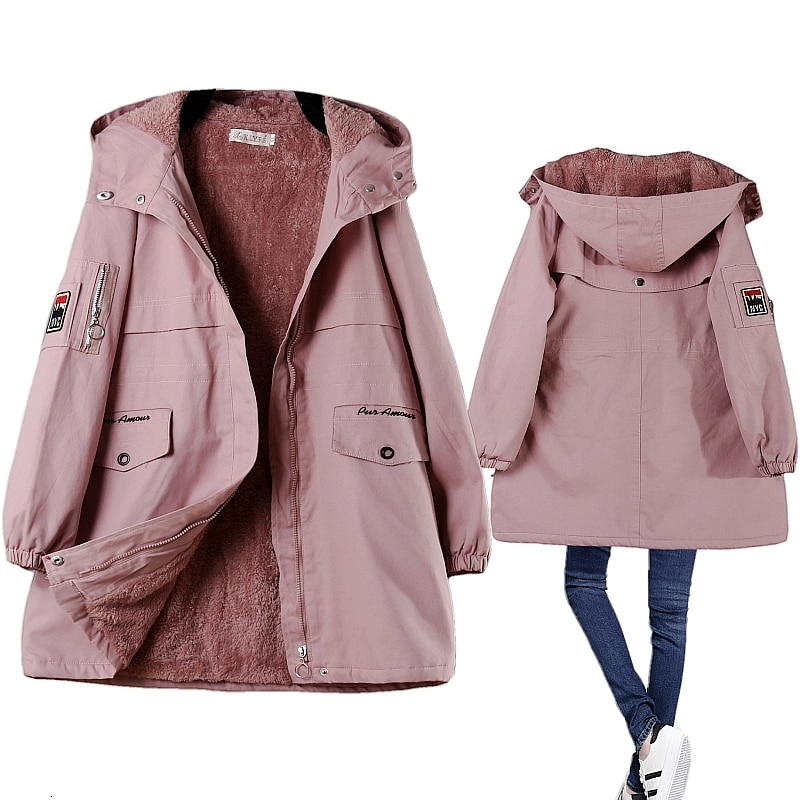 Vinter fleece dam parkas dam huva medellång quiltad varm vinterkappa vadderad rosa blå dam vindjacka stor storlek: Rosa parkas / M