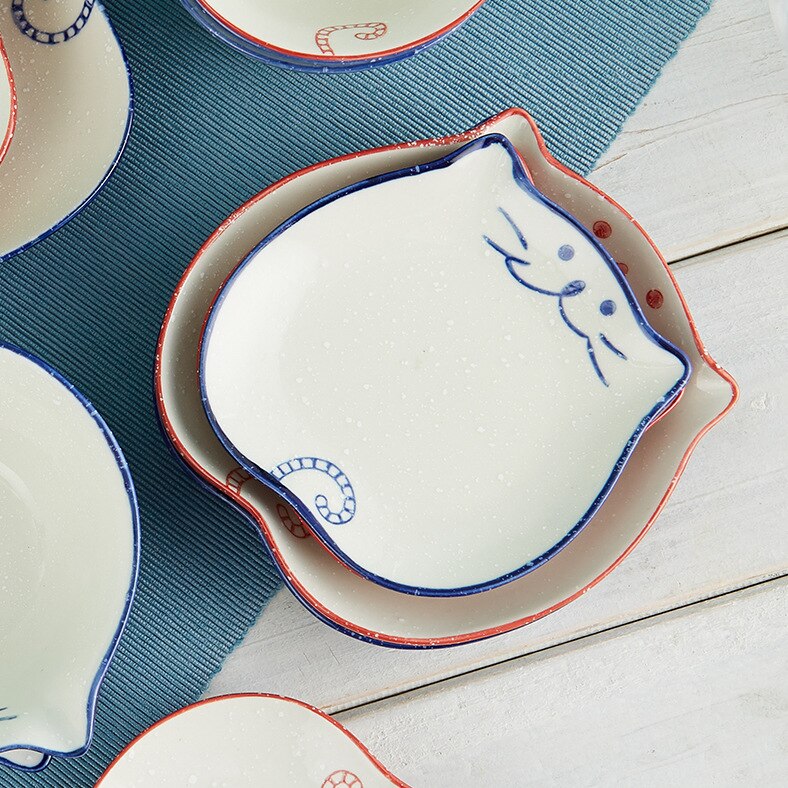 2pcs Cute Cat Spoon Plates Ceramic Tableware Home Simple Dishes Japanese Style Rice Bowls Plates Porcelain Bowls Spoon