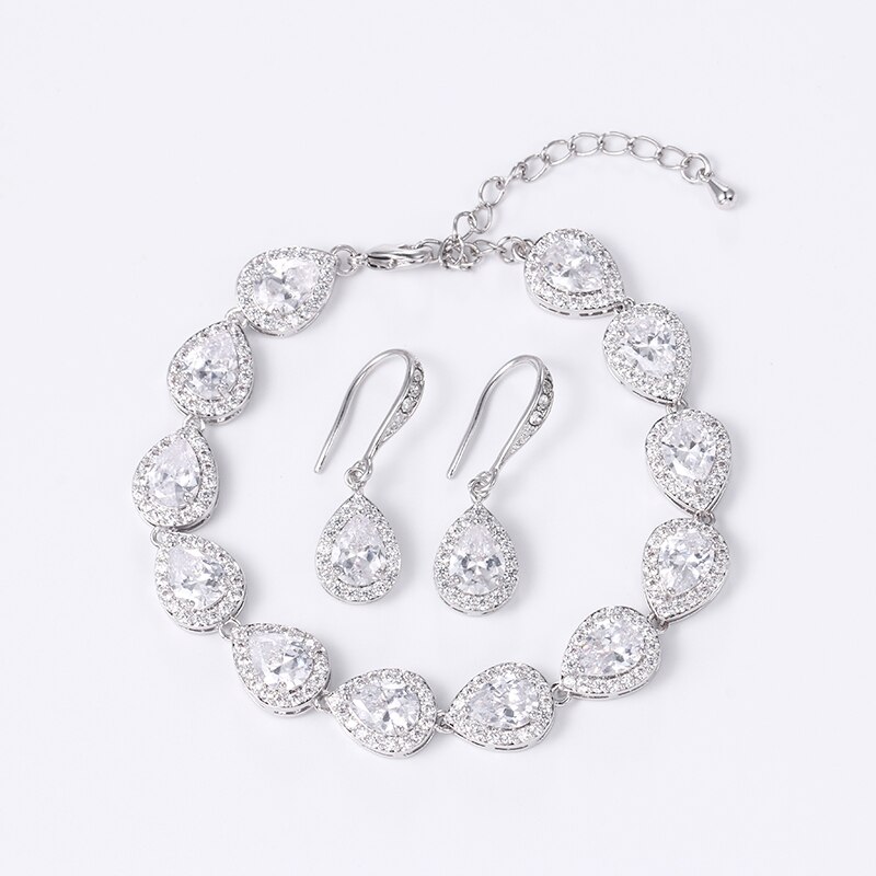 Weimanjingdian Halo Teardrop Zirconia Cz Bruiloft Armband En Oorbel Bruids Sieraden Set Bruidsmeisje Sieraden: SET White Gold